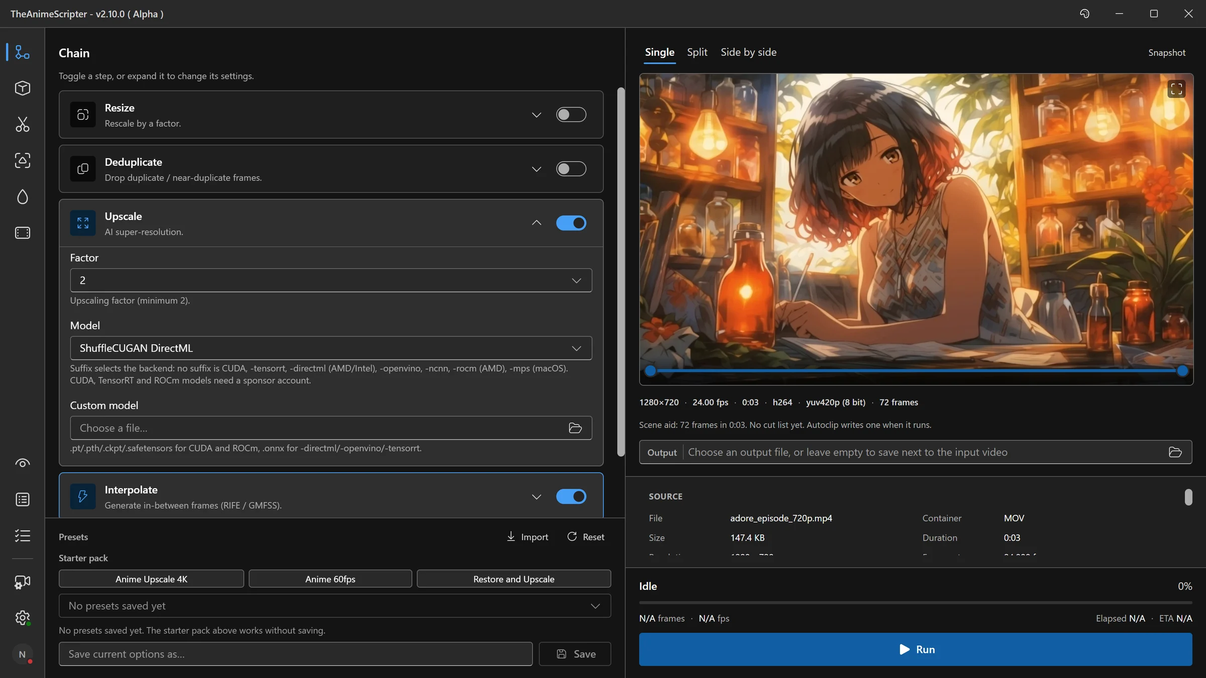 TAS Standalone: the Chain column with Upscale and Interpolate switched on, the Upscale card expanded to its factor and model settings, and a preview of the loaded anime clip beside a Run button